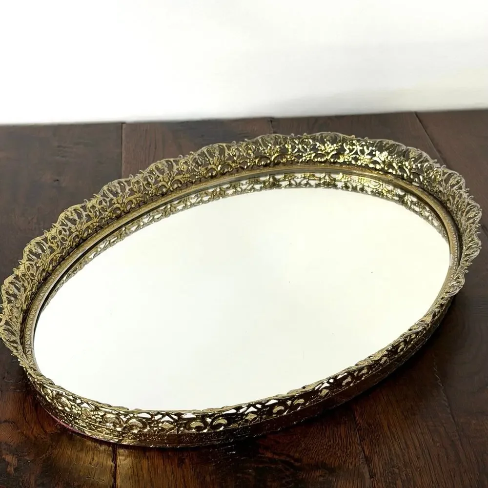 Vintage Gold Tone Filigree Mirrored Vanity Tray 13x10